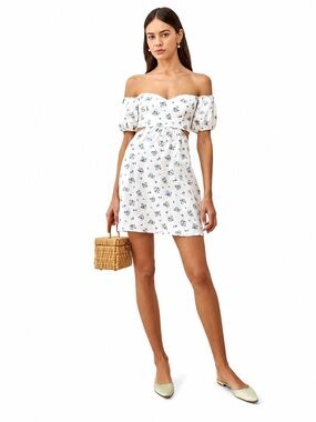 Reformation Emilia Floral Linen Mini Dress White Blue Off Shoulder Sz 6 NWT New